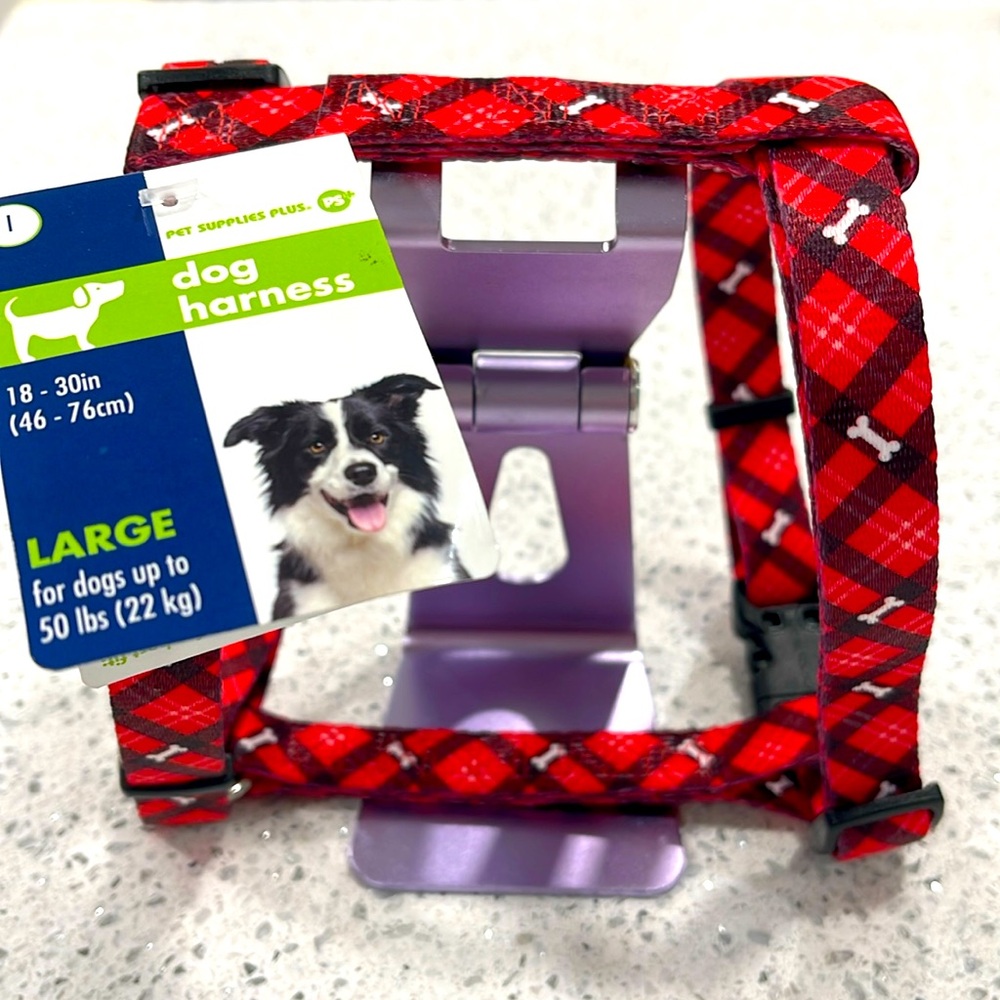 PET SUPPLIES DOG HARNESS SIZE LARGE 18-30 INCH UP TO 50 POUNDS RED CHECKED BONES
